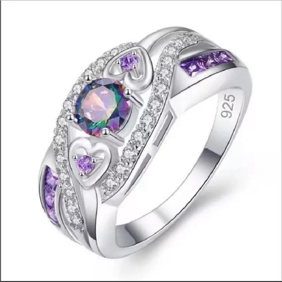 Boutique Jewelry - 925 Sterling Silver Rainbow Topaz Solitaire with Purple Amethyst Inlay Ring